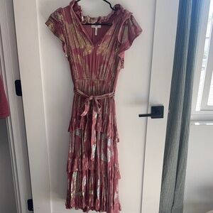 Anthropologie Pink and Gold Midi Dress